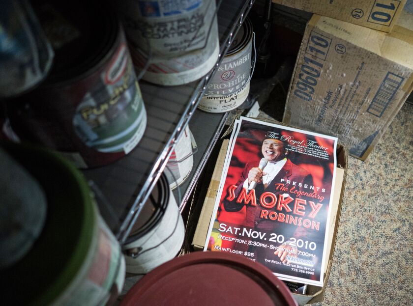 Promotional posters for a Smokey Robinson concert that never happened are stored in the basement of the Avalon Regal Theater. | Max Herman/For the Sun-Times