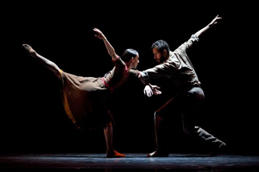 Hubbard Street dancers Ana Lopez and Jonathan Fredrickson in “The Impossible,” by resident choreographer Alejandro Cerrudo. (Photo: Jamie Kraus)