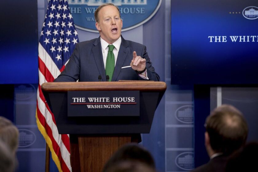 White House press secretary Sean Spicer talks to the media during the daily press briefing at the White House in Washington, Thursday, March 16, 2017. Spicer discussed President Donald Trump’s assertion that former President Barack Obama wire tapped him,