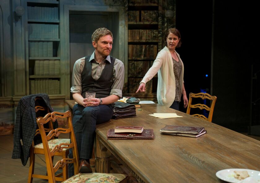 Scott Parkinson plays Bernard Nightingale and Kate Fry plays Hannah Jarvis in the Writers Theatre production of Tom Stoppard’s “Arcadia.” (Photo: Michael Brosilow)