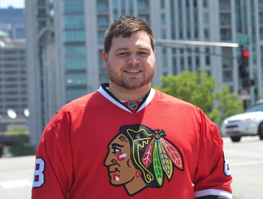 <small><strong>Jim Benjamin said when you see so many Blackhawks fans in red, “you know it’s game time.” | Mitch Dudek/Sun-Times</strong></small>