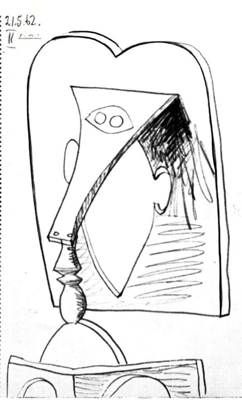 “Head of a Woman,” a 1962 pencil sketch by Picasso — clearly a forerunner of his Chicago sculpture, designed in 1966.