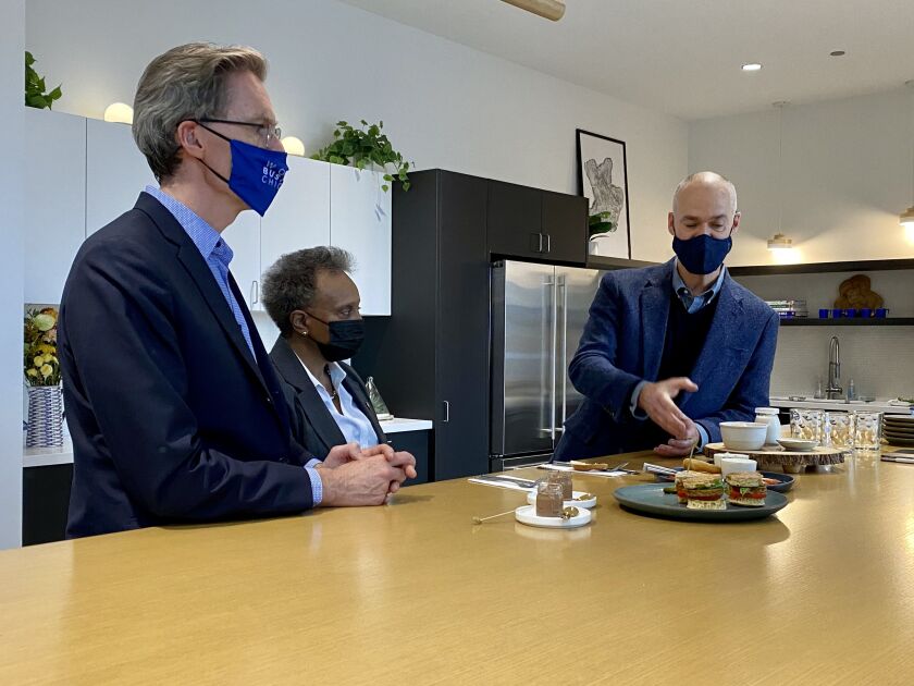Nature’s Fynd founder and CEO Thomas Jonas shares the protein-extraction with Mayor Lori Lightfoot and World Business CEO Michael Fassnacht during a taste-test Thursday afternoon.