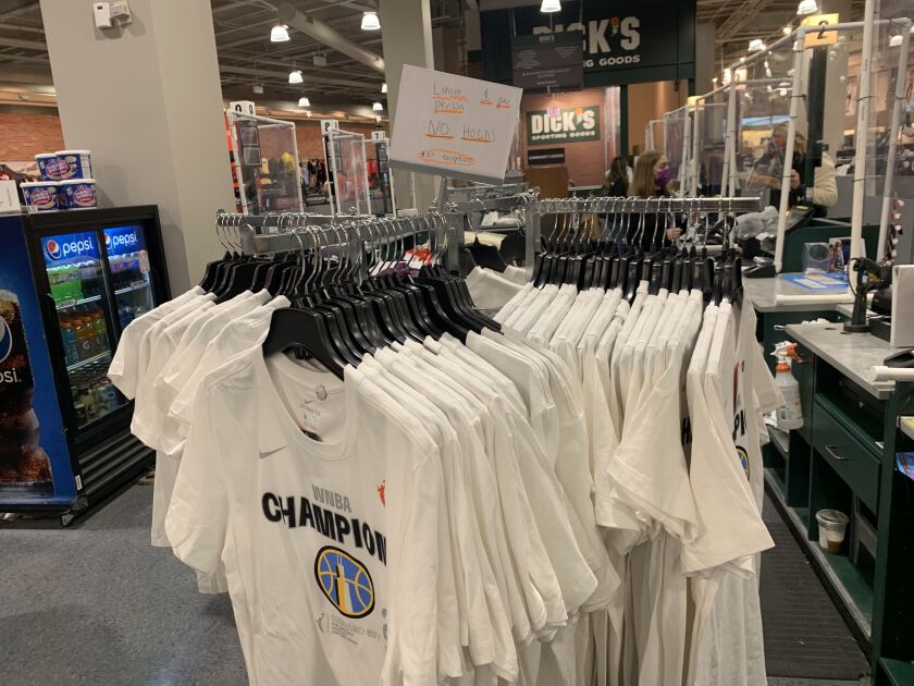 At Dick’s Sporting Goods on North and Clybourn avenues, one of few spots in the city with championship Chicago Sky gear in stock, there is a strict one-per-person limit.