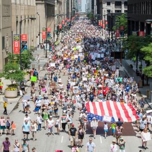 The Families Belong Together march makes its way south on Clark St. | James Foster/For the Sun-Times