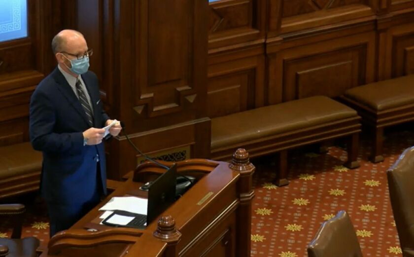 Illinois Senate President Don Harmon, D- Oak Park, answers questions from senators in Springfield last year.