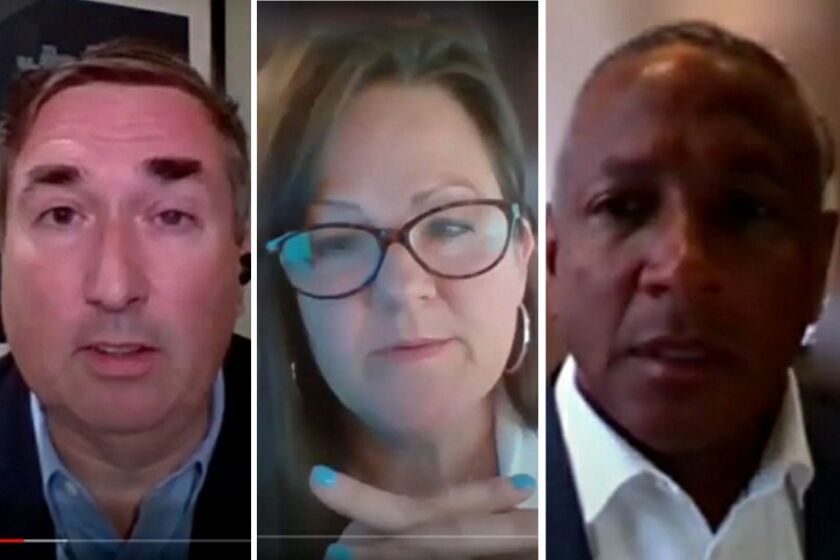 Cook County Board of Review Commissioners Michael Cabonargi, left, Tammy Wendt, center, and Larry Rogers Jr., right, discuss changes to the panel’s ethics ordinance during a virtual board meeting held in June.