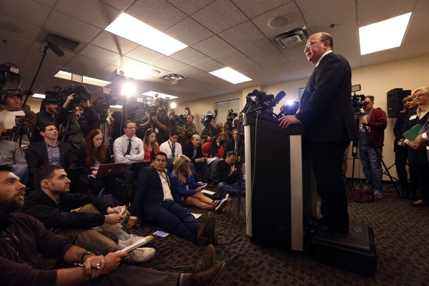Captain Greg Fellows, Riverside County Sheriff’s Department Perris Station Commander, answers questions about 13 captive siblings found in a Perris, Calif., home on Tuesday. Authorities say 49-year-old Louise Turpin, the mother of 13 children kept locked