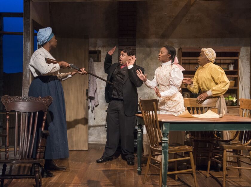Tiffany Oglesby (from left), Wardell Julius Clark, Tiffany Renee Johnson and Sydney Charles star in “Flyin West” at American Blues Theater.<br>| Michael Brosilow Photo