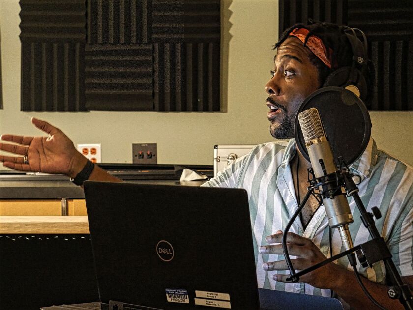 William Anthony Sebastian Rose II in the recording studio for Broken Nose Theatre’s audio adaptation of Kingdom. Photo by Spenser Davis.