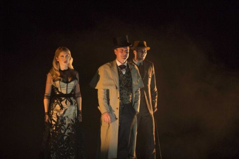 “Sherlock Holmes” stars Renee Olstead (from left), David Arquette, and James Maslow. | BRIAN TO PHOTO