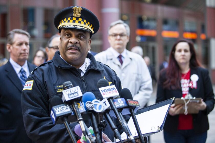 Chicago police Supt. Eddie Johnson speaks at a news conference Tuesday outside the Thompson Center about the proposed Fix the FOID Act that would, among other steps, require more extensive background checks for gun buyers, including fingerprints. Johnson