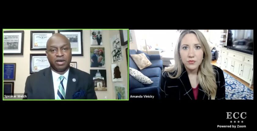 Illinois House Speaker Emanuel “Chris” Welch, left, speaks during at a livestreamed event moderated by WTTW-TV’s Amanda Vinicky on Wednesday.