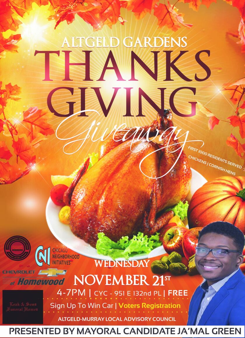 A flier for mayoral candidate Ja’Mal Green’s Thanksgiving giveaway happening Wednesday from 4 p.m. to 7 p.m. | Provided photo