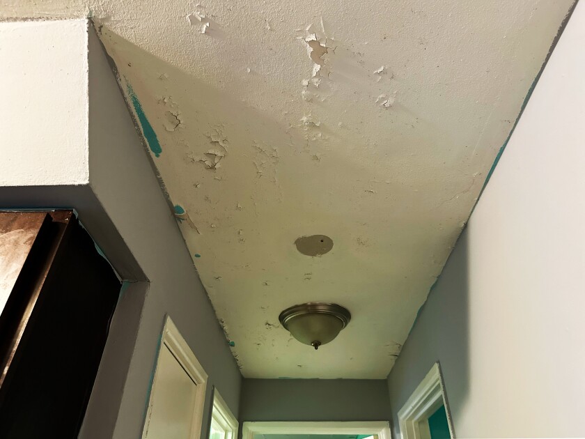 A ceiling in the apartment's hallway has peeling paint.