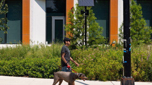 A man walks his dog past a Flock Safety license plate reader on UIC’s campus near West Taylor Street and South Morgan Street, Monday, Aug. 3, 2026. | Candace Dane Chambers/Sun-Times