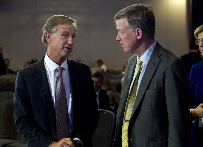 Tennessee Gov. Bill Haslam (left), speaks with Colorado Gov. John Hickenlooper at the National Governor Association winter meeting on Feb. 25, 2018 in Washington. | Jose Luis Magana/AP photo