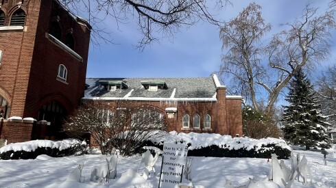 The Nativity display at Urban Village Church West in River Forest. A sign that says the Holy Family is hiding from ICE replaced Mary, Joseph and baby Jesus.