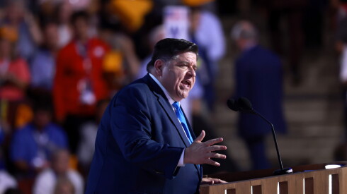 Illinois Gov. J.B. Pritzker speaks on stage during the second day of the Democratic National Convention at the United Center Aug. 20, 2024 in Chicago.