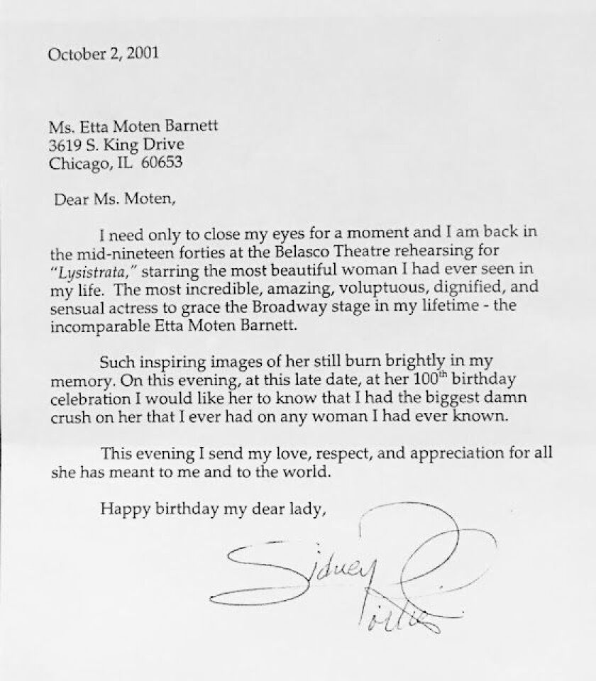 On her 100th birthday, Sidney Poitier sent a letter to Etta Moten Barnett, an item available in the Claude Barnett and Etta Moten Barnett estate sale being handled by Estate Sale Goddess.