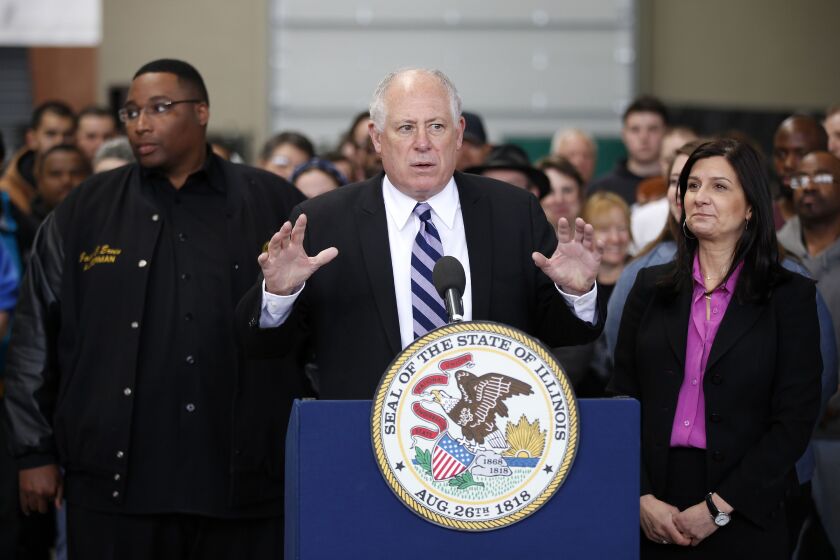 <small><strong>Gov. Pat Quinn speaks at the set of the film “Divergent” at Cinespace Chicago Film Studios in on April 12, 2013. | Andrew A. Nelles/Sun-Times Media</strong></small>