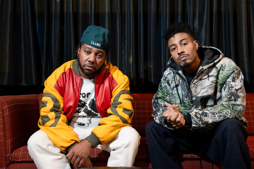Chuck Inglish (left) and Sir Michael Rocks of The Cool Kids sit together at the Chicago Public Media studio at Navy Pier, Thursday, Nov. 20, 2025, for an interview with Vocalo.