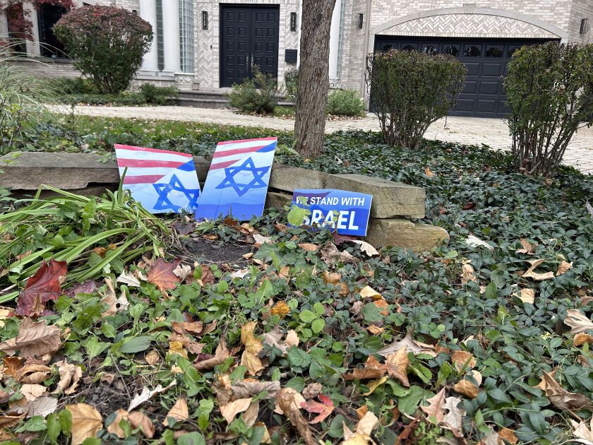 Jon and Miriam Friedman’s ripped up yard sign, which Miriam propped back up on Nov. 3, 2023.