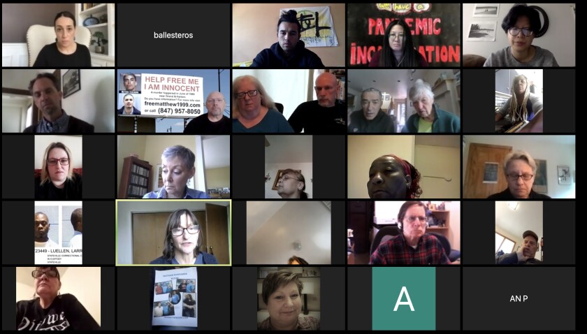 A screenshoot of a virtual news conference hosted Thursday by criminal justice groups and family members of people incarcerated in Illinois prisons asking Gov. J.B. Prtizker to release thousands of inmates.