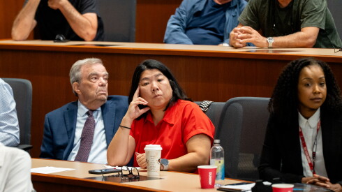 Ald. Nicole Lee (11th) sits beside Cook County Commissioner John Daley during an Illinois Sports Facilities Authority board meeting at Rate Field in Bridgeport, Wednesday, Sept. 16, 2026.