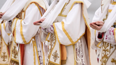 Traditionalist Catholic ordained bishops stand during the schismatic consecration of bishops by the traditionalist Catholic Society of Saint Pius X in Econe, western Switzerland, on July 1, 2026.
