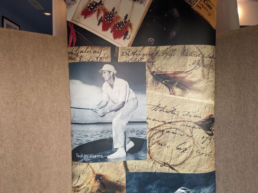 Ted Williams, the Hell-of-Fame baseball player and noted fisherman (not Ted Williams the esteemed outdoor writer), is part of the exhibit, “World’s Finest: Fly-Fishing Tackle,” which opened today at Monee Reservoir Visitor Center. Credit: Dale Bowman