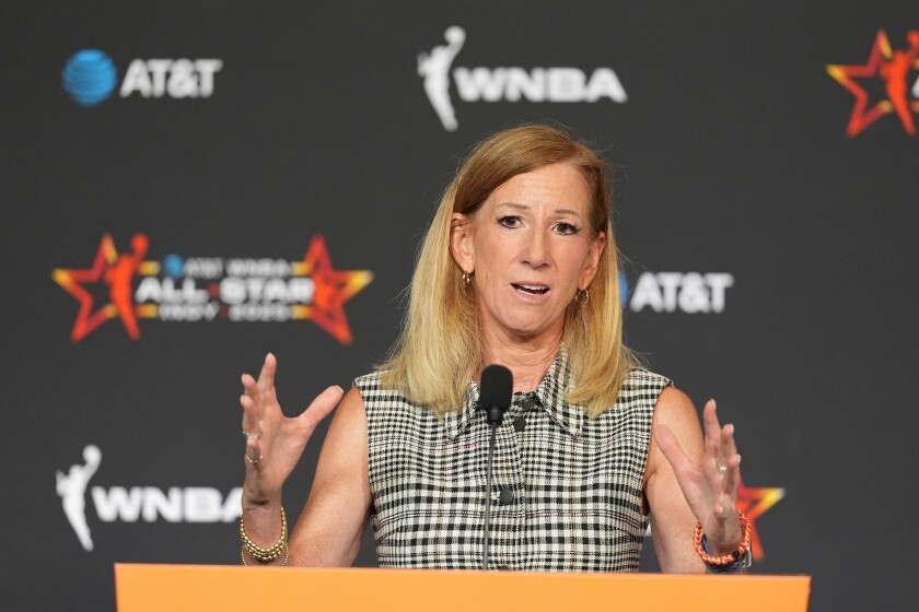 WNBA commissioner Cathy Engelbert speaks during a news conference before the WNBA All-Star Game Saturday, July 19, 2025, in Indianapolis.