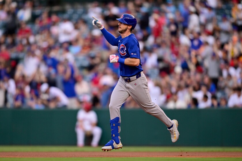Kyle Tucker of the Cubs rounds the bases after hitting a home run in the first inning against the Los Angeles Angels at Angel Stadium of Anaheim on Aug. 22, 2025.