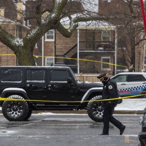 Chicago police investigate the scene where an off-duty Chicago police officer was shot in the 8900 block of South Stony Island Ave. in Calumet Heights, Monday, March 15, 2021.
