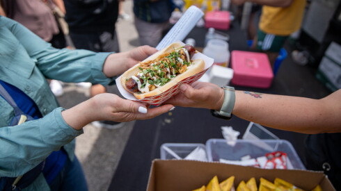 A kangaroo sausage dog is served at the Chicago's Dog House booth at the Windy City Hot Dog Fest.