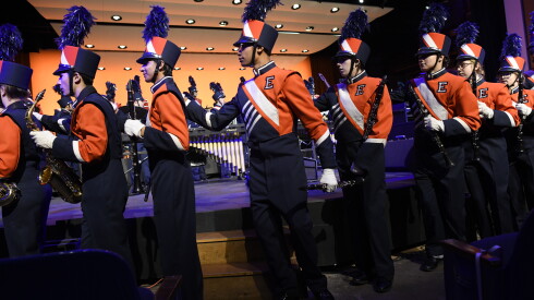 Members of the Evanston Township High School marching band perform at the high school on Monday, October 19, 2026.