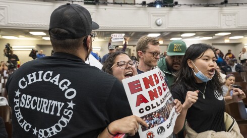 Chicago Public School security officials forcibly remove activists who were disruptive during a special meeting of the Community Commission on Public Safety and Accountability. The commission was hearing from Chicago Police Supt. Larry Snelling at Thomas Kelly College Preparatory High School, 4136 S. California Ave. in the Brighton Park neighborhood, Thursday, April 2, 2026.