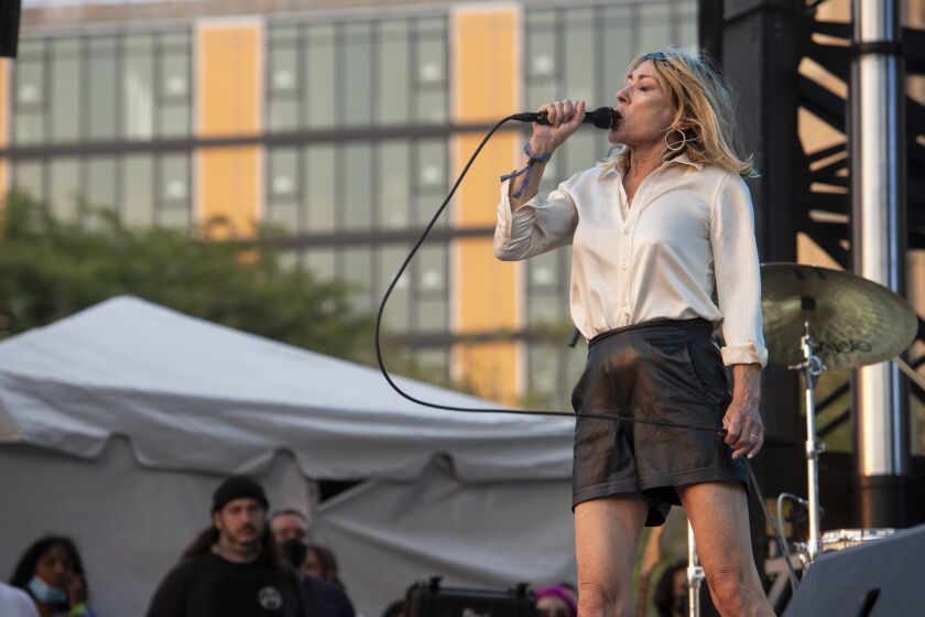 Kim Gordon performs at the Blue Stage at Pitchfork music festival at Union Park, Saturday, Sept. 11, 2021.