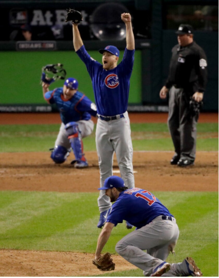 <em>Montgomery, arms raised, after the final out of Game 7.</em>