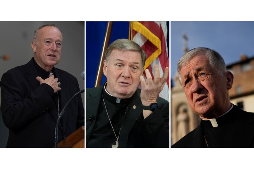 Cardinal Robert McElroy, left, of Washington; Cardinal Joseph Tobin of Newark, N.J.; and Cardinal Blase Cupich of Chicago are prominent figures in the more progressive wing of the U.S. church.
