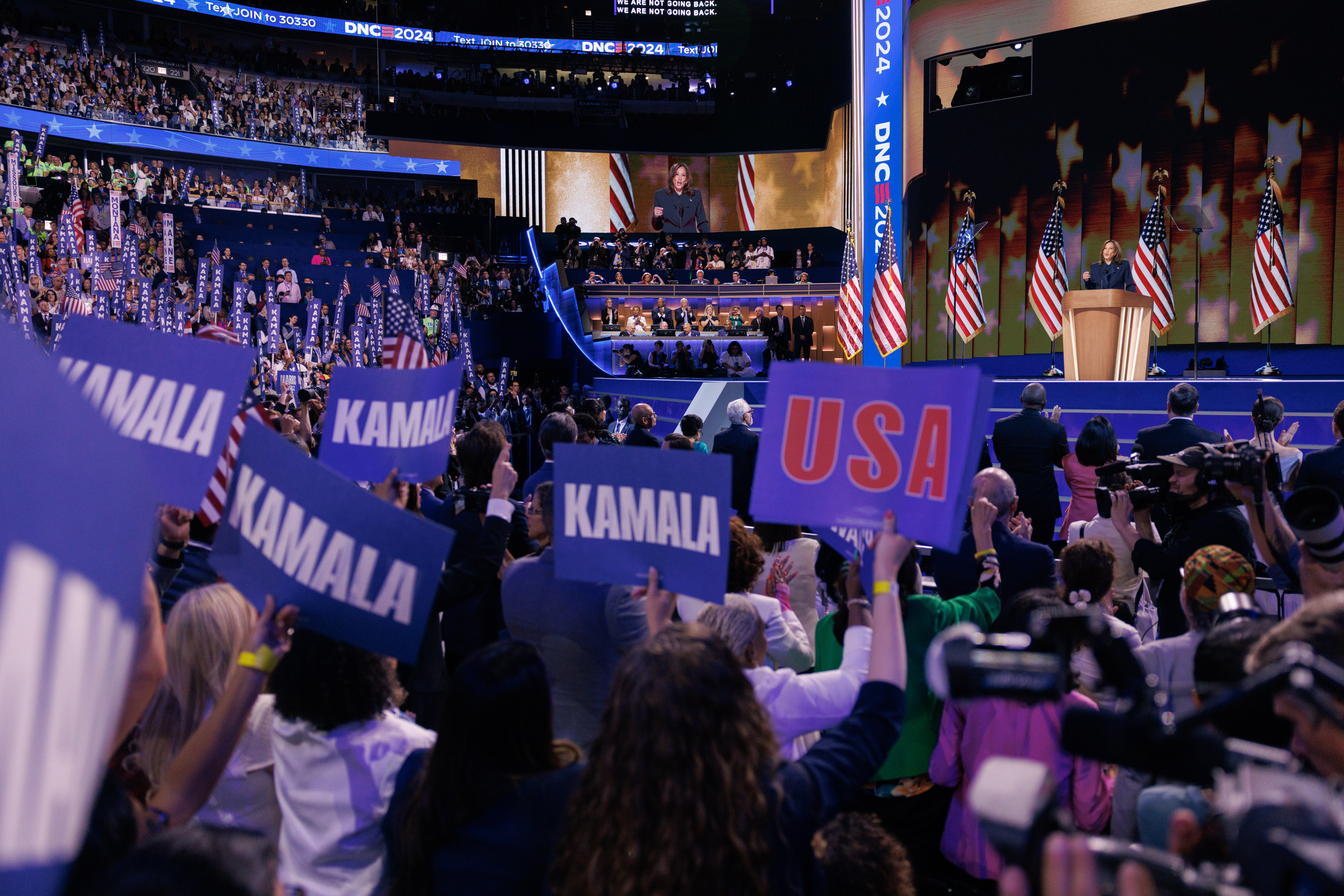 Vice President Kamala Harris delivers remarks during her acceptance speech on day four of the Democratic National Convention at the United Center, Thursday, August 22, 2024.
